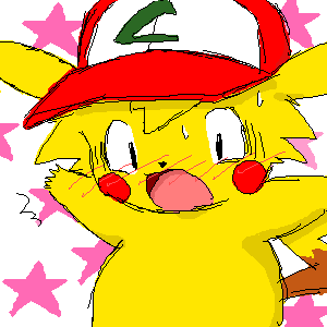 ambiguous_gender ashchu blush digital_media_(artwork) hat headwear nintendo oekaki open_mouth pasaran pikachu pok&eacute;mon pok&eacute;mon_(species) solo sweat video_games