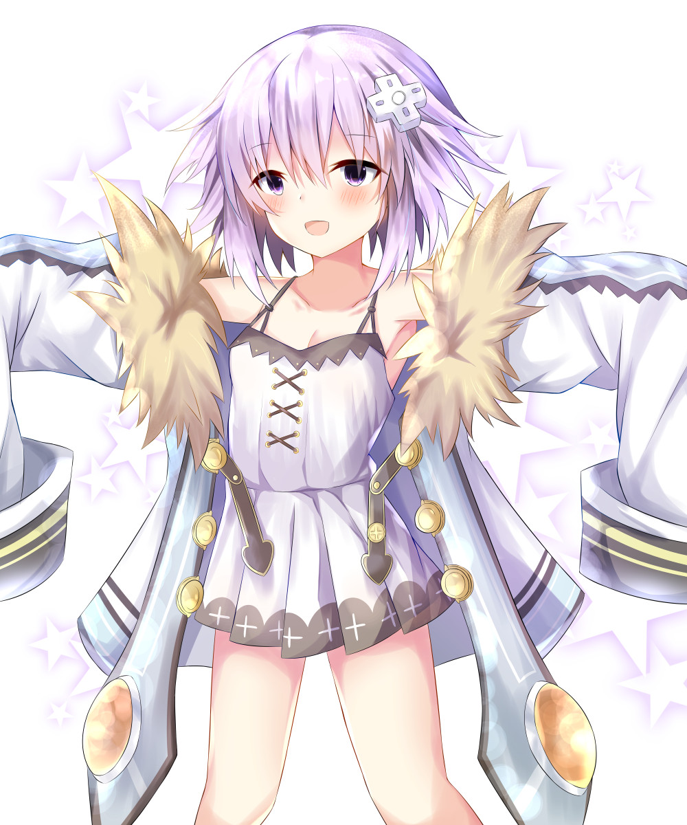 :d bare_shoulders blanc blanc_(cosplay) blush breasts cleavage coat collarbone commentary_request cosplay d-pad d-pad_hair_ornament dress fur_trim hair_between_eyes hair_ornament highres looking_at_viewer neptune_(choujigen_game_neptune) neptune_(series) open_mouth outstretched_arms ray_726 short_hair small_breasts smile solo spaghetti_strap star starry_background very_long_sleeves white_dress