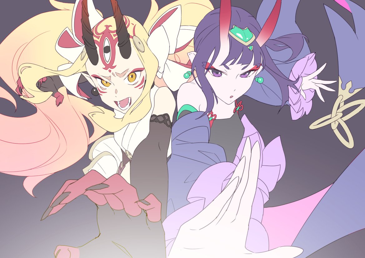 anime_coloring bangs black_nails blonde_hair blunt_bangs detached_sleeves earrings elbow_gloves eyeshadow facial_mark fate/grand_order fate_(series) fighting_stance fingerless_gloves fingernails flat_color flower_knot forehead gloves gradient_horns hugtto!_precure ibaraki_douji_(fate/grand_order) ibaraki_douji_(swimsuit_lancer)_(fate) jewelry kyo-ani_love long_fingernails makeup multiple_girls nail_polish oni_horns parody pointy_ears precure purple_eyes purple_hair red_eyeshadow red_horns red_skin sharp_fingernails shuten_douji_(fate/grand_order) shuten_douji_(halloween)_(fate) twintails yellow_eyes