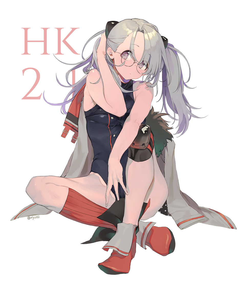 bangs boots breasts character_name closed_mouth commentary_request cross eyebrows_visible_through_hair full_body girls_frontline glasses grey_hair hair_ornament hair_over_one_eye hand_behind_head hk21_(girls_frontline) jewelry kneehighs leotard long_hair looking_at_viewer necklace olys purple_eyes red_footwear round_eyewear scarf simple_background single_knee_pad single_kneehigh sitting solo twintails white_background