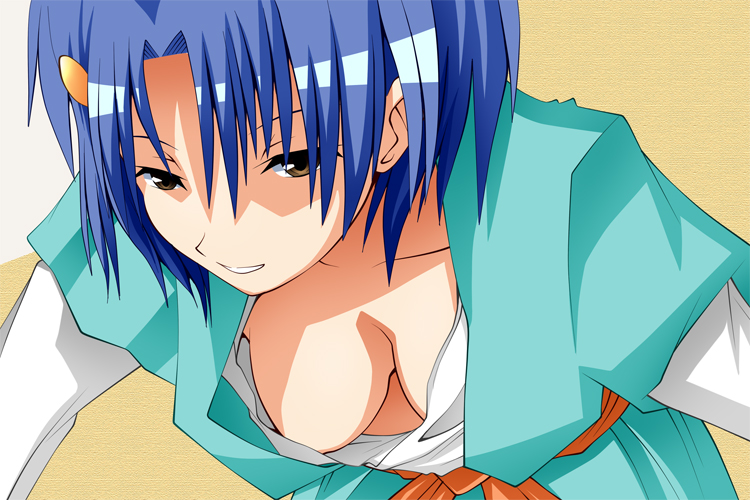 1girl blue_hair breasts brown_eyes downblouse dragon_quest dragon_quest_vi grin hair_ornament hanging_breasts leaning_forward looking_at_viewer medium_breasts nanamu no_bra parted_lips short_hair smile solo tania