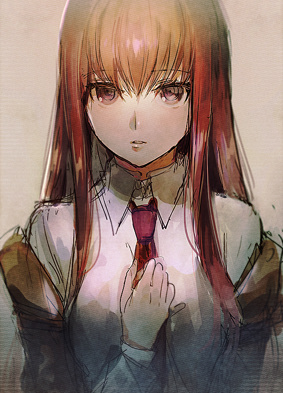 aoki_(fumomo) bangs collared_shirt eyebrows_visible_through_hair long_hair long_sleeves makise_kurisu necktie parted_lips pink_eyes red_hair red_neckwear ringed_eyes shirt sidelocks solo steins;gate straight_hair upper_body white_shirt