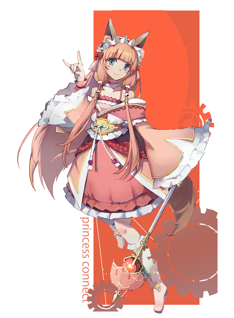 animal_ear_fluff animal_ears bangs bare_shoulders blush boots bow closed_mouth collarbone commentary_request copyright_name eyebrows_visible_through_hair fingernails fox_ears fox_girl fox_shadow_puppet fox_tail frilled_legwear frilled_sleeves frills full_body gears hair_bow hand_up head_tilt high_heel_boots high_heels highres himemiya_maho holding holding_staff japanese_clothes kimono light_brown_hair long_hair long_sleeves nail_polish off_shoulder pink_footwear pink_nails princess_connect! princess_connect!_re:dive red_background red_bow red_kimono shadowsinking sleeves_past_wrists smile solo staff tail two-tone_background very_long_hair white_background white_kimono wide_sleeves