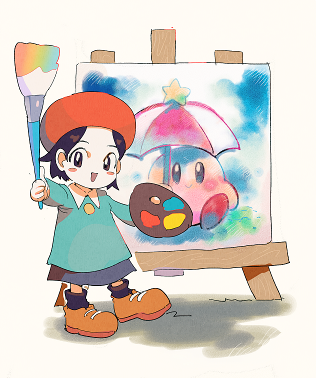 :d adeleine aoki_(fumomo) beret black_eyes black_hair black_legwear blush_stickers canvas_(object) full_body grey_skirt hat holding holding_paintbrush kirby kirby_(series) kirby_64 long_sleeves no_nose open_mouth orange_footwear paint paintbrush painting_(object) parasol red_hat shoes short_hair simple_background skirt smile socks solo umbrella white_background