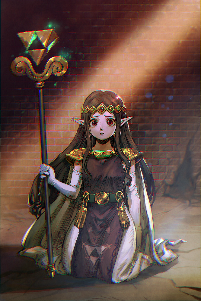 aoki_(fumomo) brick_wall chromatic_aberration circlet crack dress elbow_gloves full_body gloves holding holding_staff kneeling lipstick long_hair looking_at_viewer makeup pointy_ears princess_hilda purple_hair purple_lipstick red_eyes shoulder_pads sidelocks solo staff tabard the_legend_of_zelda the_legend_of_zelda:_a_link_between_worlds white_gloves