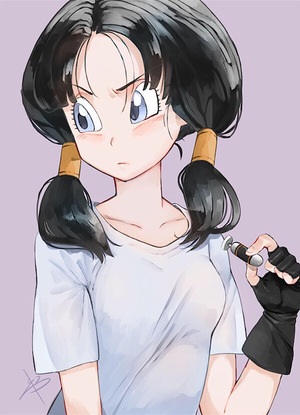 black_hair blush breasts dragon_ball dragon_ball_z fingerless_gloves gloves grey_background hair_ornament looking_to_the_side low_twintails reeya shirt short_sleeves simple_background solo twintails upper_body videl white_shirt