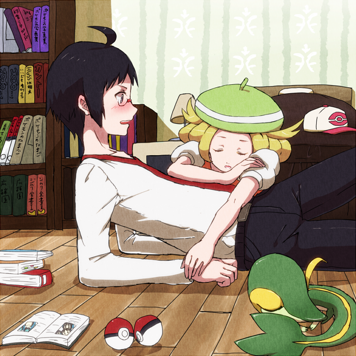 1girl ahoge arm_support baseball_cap bel_(pokemon) belt black_hair black_pants blonde_hair blue_eyes blush book book_stack bookshelf cheren_(pokemon) closed_eyes commentary_request dress embarrassed enamo_(dcah) from_side gen_5_pokemon glasses green_hat hat indoors jacket lamp long_sleeves lying lying_on_person medium_hair necktie on_back on_floor on_stomach open_book open_mouth pants poke_ball poke_ball_(generic) pokemon pokemon_(creature) pokemon_(game) pokemon_bw profile puffy_short_sleeves puffy_sleeves shirt short_sleeves sleeping snivy white_shirt