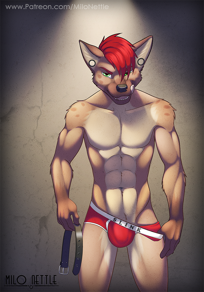 abs briefs bulge clothing collar ear_piercing gauged_ear green_eyes hair hyena licking licking_lips looking_at_viewer male mammal milo_nettle muscular patreon piercing red_hair smile solo spots tongue tongue_out underwear underwear_pull undressing