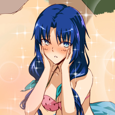 axia-chan bikini blue_eyes blue_hair blush breasts cleavage elesia hands_on_own_face large_breasts long_hair lowres solo sparkle swimsuit tsukihime upper_body very_long_hair