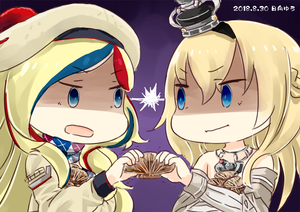 artist_logo beret big_head blonde_hair blue_eyes blue_hair braid chibi commandant_teste_(kantai_collection) commentary crown dated dress flower french_braid gradient gradient_background hat hinata_yuu jewelry kantai_collection long_hair long_sleeves mini_crown multicolored multicolored_clothes multicolored_hair multicolored_scarf multiple_girls necklace no_sclera off-shoulder_dress off_shoulder plaid plaid_scarf pom_pom_(clothes) purple_background red_flower red_hair red_ribbon red_rose ribbon rose scallop scarf shaded_face shell staring streaked_hair tilted_headwear upper_body v-shaped_eyebrows warspite_(kantai_collection) white_dress white_hair