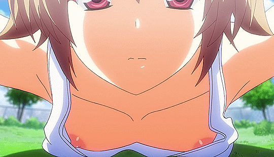 10s 1girl animated animated_gif areolae armpits arms_behind_head bare_shoulders blurry blurry_background breasts brown_hair cloud downblouse exercise fence grass grisaia_(series) grisaia_no_kajitsu hanging_breasts irisu_makina lying nipples no_bra on_stomach open_mouth outdoors pink_eyes plant push-ups short_hair sky small_breasts solo tank_top tree