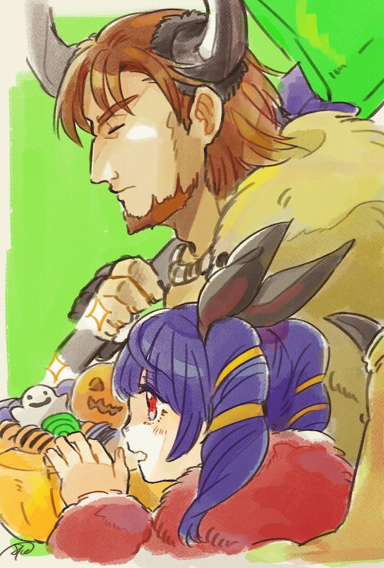 1girl animal_ears axe bat_ears beard brown_hair candy closed_eyes closed_mouth commentary_request demon_horns dorcas_(fire_emblem) dragon_wings facial_hair fake_animal_ears fire_emblem fire_emblem:_rekka_no_ken fire_emblem:_seima_no_kouseki fire_emblem_heroes food from_side fur_trim green_background halloween_costume holding holding_axe horns mamkute multi-tied_hair murabito_ba myrrh open_mouth purple_hair red_eyes short_hair signature simple_background twintails wings