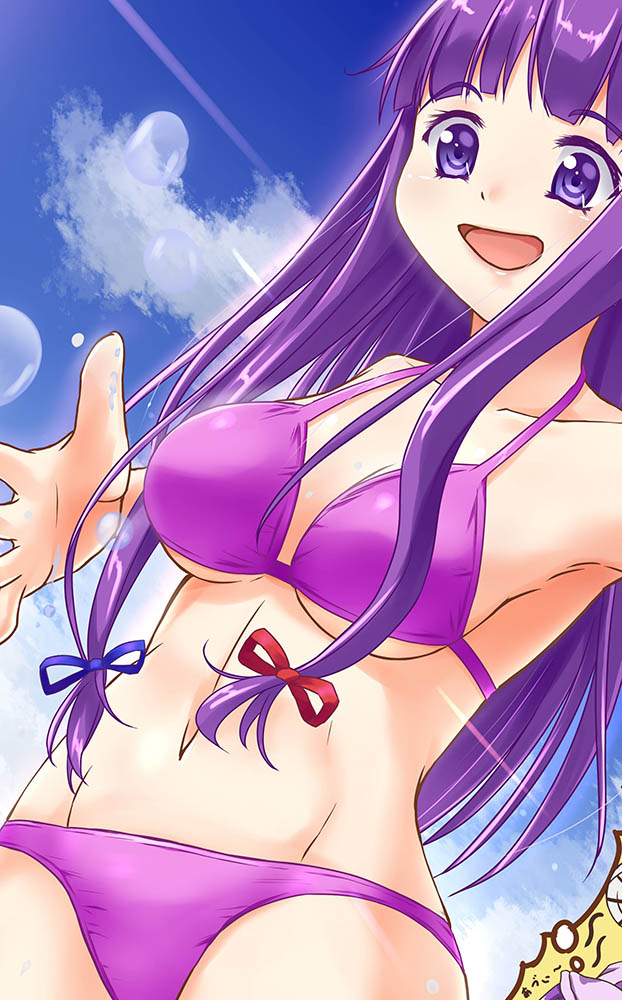 bikini blue_ribbon blue_sky breast_conscious breasts commentary_request eyebrows_visible_through_hair from_below hair_ribbon imagining large_breasts lens_flare light_particles light_rays long_hair navel no_hat no_headwear open_hand open_mouth patchouli_knowledge preview purple_bikini purple_eyes purple_hair red_ribbon ribbon sky smile solo sunlight swimsuit touhou tsujimoto_nao underboob very_long_hair water_drop