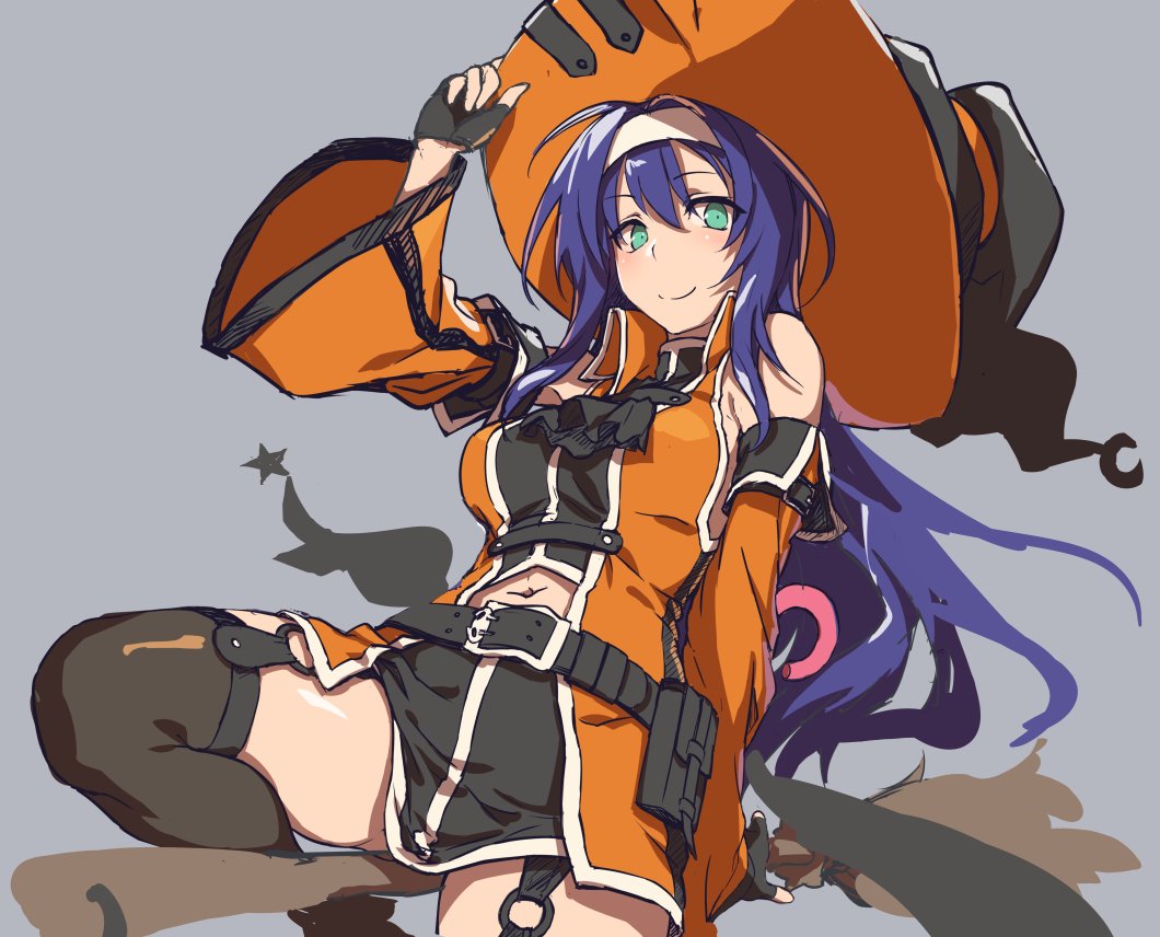 belt black_gloves black_legwear blue_hair broom broom_riding closed_mouth commentary_request detached_sleeves fingerless_gloves fire_emblem fire_emblem:_souen_no_kiseki fire_emblem_heroes garter_straps gloves green_eyes grey_background halloween_costume hand_on_headwear hat headband long_hair navel navel_cutout shinon_(tokage_shuryou) simple_background smile solo thighhighs wayu_(fire_emblem) white_headband witch_hat