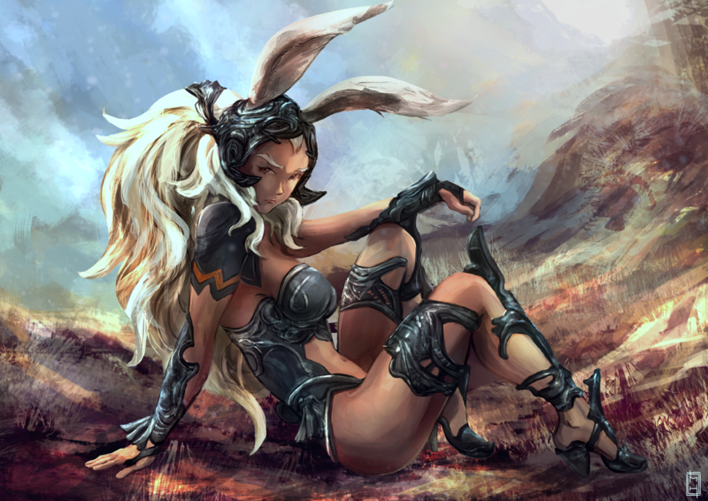 animal_ears armor bracer breasts brown_eyes bunny_ears commentary completion_time dark_skin ears_through_headwear english_commentary final_fantasy final_fantasy_xii fran full_body greaves high_heels knee_pads long_hair looking_at_viewer matias_habert medium_breasts navel navel_cutout pauldrons ponytail reclining revealing_clothes sitting solo viera white_hair