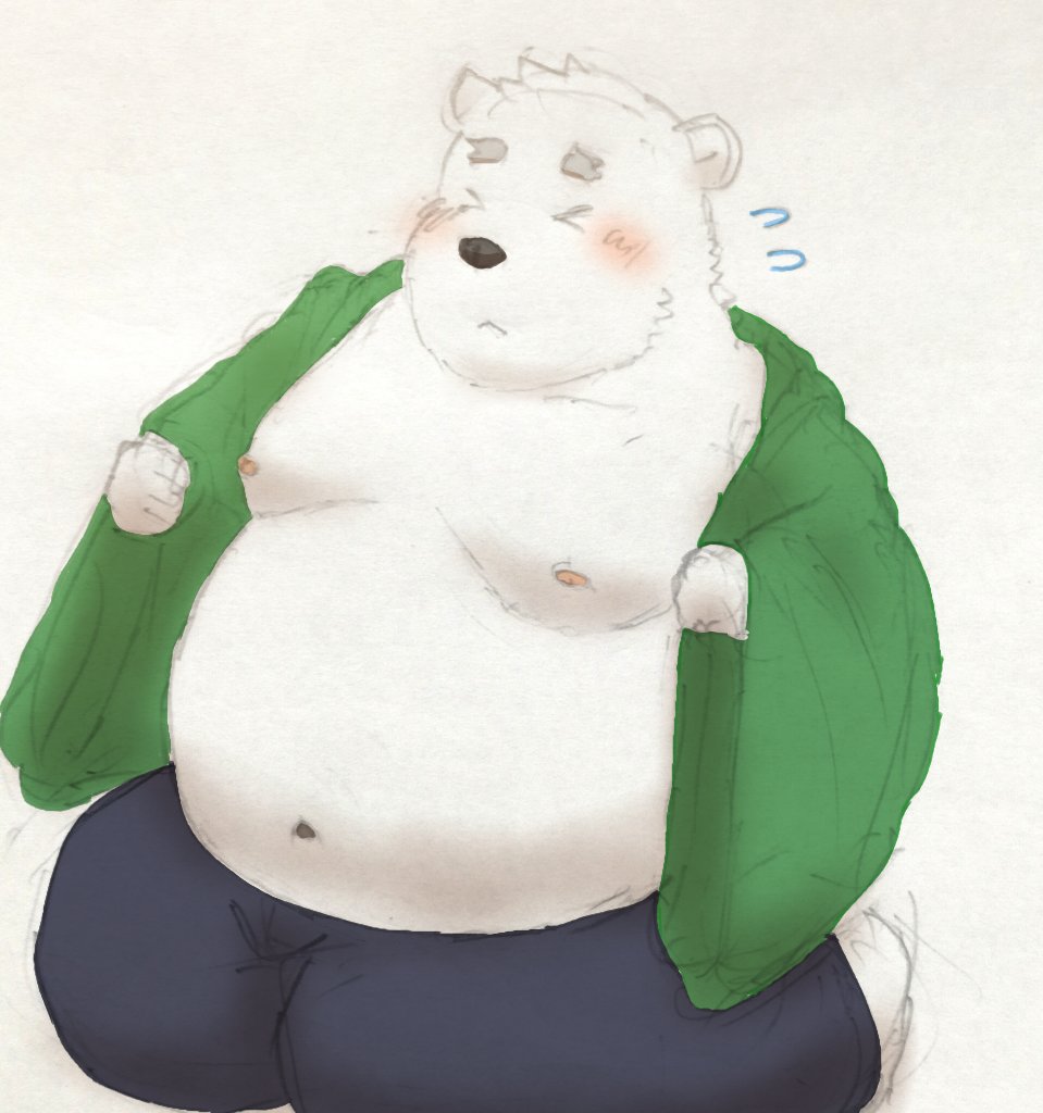 2018 anthro bear belly blush clothed clothing eyes_closed male mammal maron2475 moobs navel nipples open_shirt overweight overweight_male pants polar_bear shirane_kan simple_background solo utau