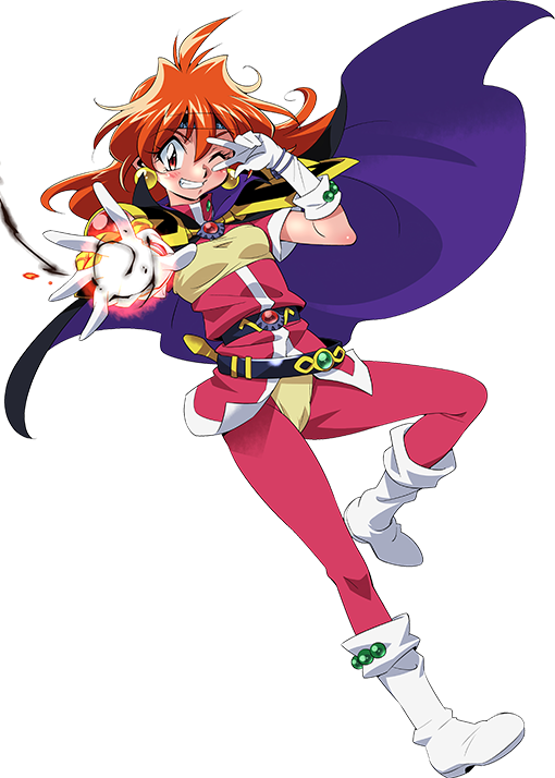 araizumi_rui belt boots cape full_body gloves grin hand_on_own_face headband lina_inverse long_hair looking_at_viewer magic official_art one_eye_closed outstretched_arm red_eyes red_hair short_sleeves slayers smile solo transparent_background v white_footwear white_gloves