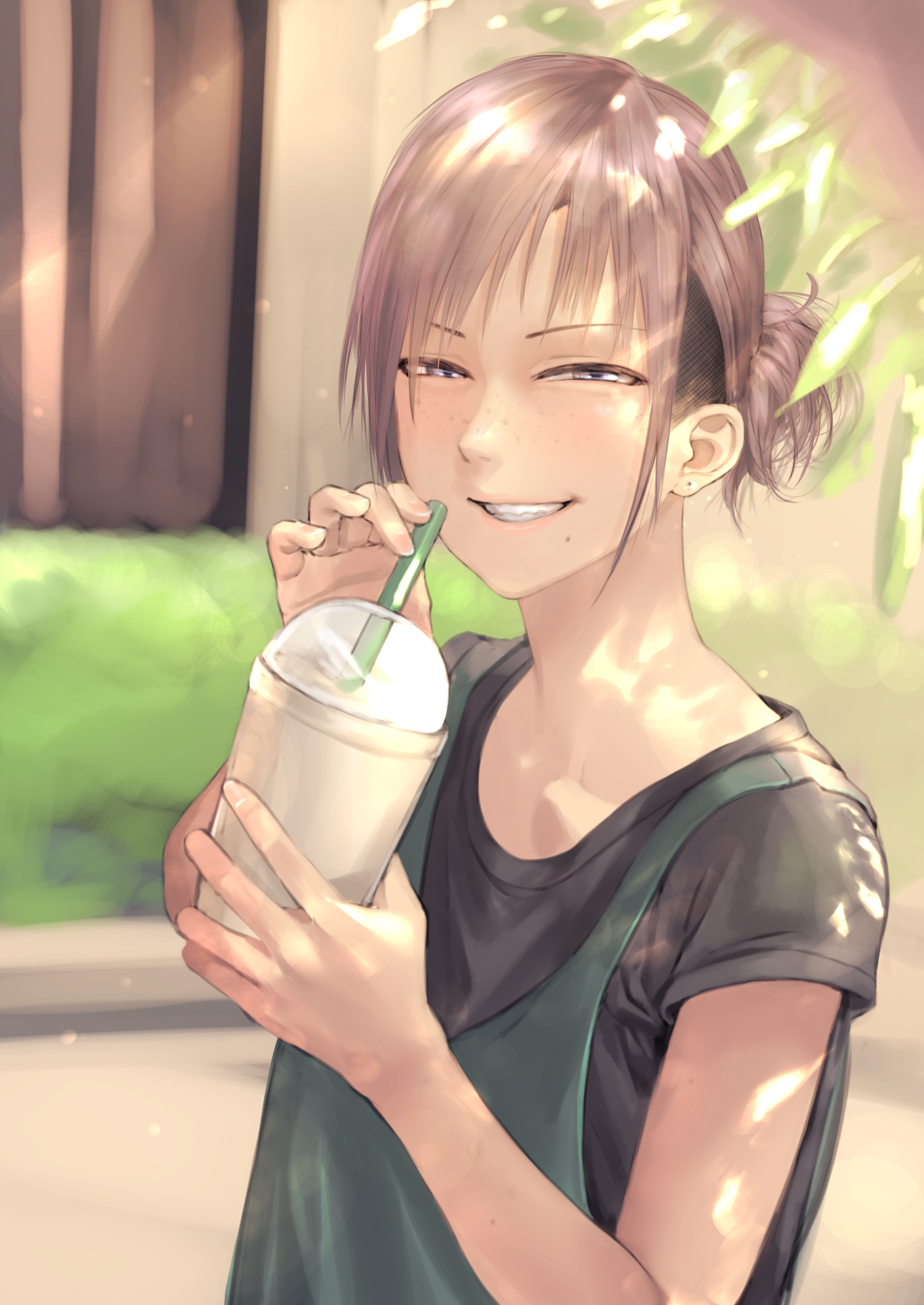 apron black_shirt blurry blurry_background brown_hair cup day drink drinking_straw ear_piercing freckles grey_eyes highres holding holding_cup kilye_4421 original outdoors piercing shirt short_hair smile solo t-shirt upper_body