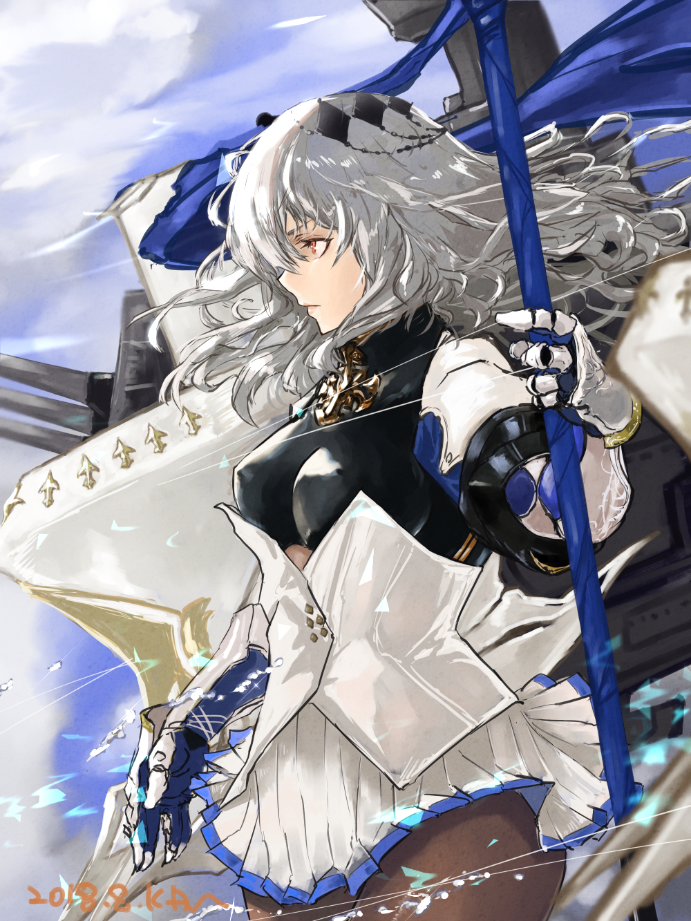 armor azur_lane bangs blue_sky breastplate breasts brown_legwear cannon closed_mouth cloud commentary corset dated fleur_de_lis floating_hair from_side gauntlets gloves grey_hair hair_between_eyes hair_ornament highres holding holding_polearm holding_weapon kdm_(ke_dama) large_breasts long_hair looking_afar machinery miniskirt mole mole_under_eye outdoors pantyhose pleated_skirt polearm red_eyes rigging saint-louis_(azur_lane) sidelocks signature skirt sky solo turret weapon white_skirt wind