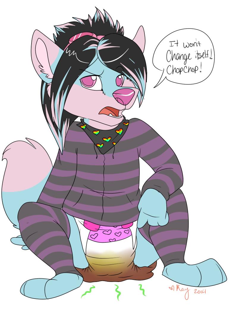 anthro bandanna biped canine clothing dialogue diaper dubcub eyebrows feces fox fur hair hoodie hybrid kayote legwear male mammal messy_diaper scat simple_background sitting soiling solo speech_bubble stockings teeth tongue urine watersports wet_diaper wetting white_background wolf