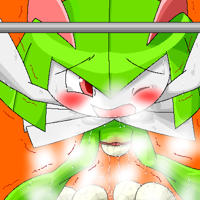 blush egg female humanoid kirlia nintendo not_furry orange_background oviposition pasaran pok&eacute;mon pok&eacute;mon_(species) pussy red_eyes shaking simple_background solo sweat tears trembling video_games