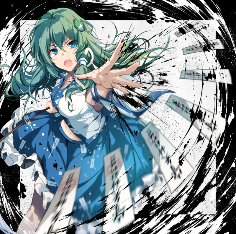 album_cover blue_eyes blue_skirt breasts commentary_request cover d: danmaku detached_sleeves eyebrows_visible_through_hair floating_hair foreshortening frilled_skirt frills frog_hair_ornament green_hair hair_ornament hair_tubes hand_up hirai_yuzuki holding kochiya_sanae long_hair looking_at_viewer motion_blur navel nontraditional_miko ofuda open_mouth outside_border outstretched_arm serious shirt skirt snake_hair_ornament solo touhou v-shaped_eyebrows white_shirt