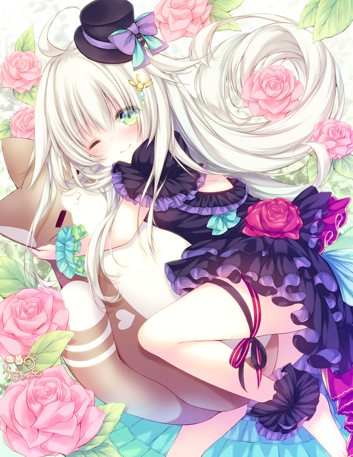 ;) ankle_scrunchie bangs barefoot black_dress black_hat black_scrunchie blue_scrunchie blush closed_mouth commentary_request dress dutch_angle eyebrows_visible_through_hair flower frilled_dress frills green_eyes grey_hair hair_between_eyes hat kabocha_usagi long_hair lying mini_hat mini_top_hat object_hug on_side one_eye_closed original pink_flower pink_rose purple_flower purple_rose rose scrunchie smile solo stuffed_animal stuffed_cat stuffed_toy tilted_headwear top_hat very_long_hair wrist_scrunchie