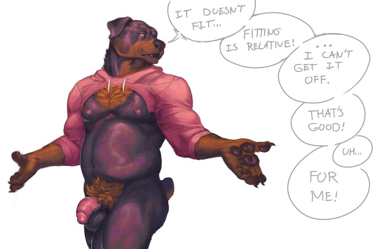 anthro belly bottomless canine chest_tuft clothed clothing dog drawyourfursona eyrich floppy_ears humanoid_penis male mammal meme nipples penis pink_hoodie pink_nipples pubes rottweiler slightly_chubby tuft twitter_hoodie