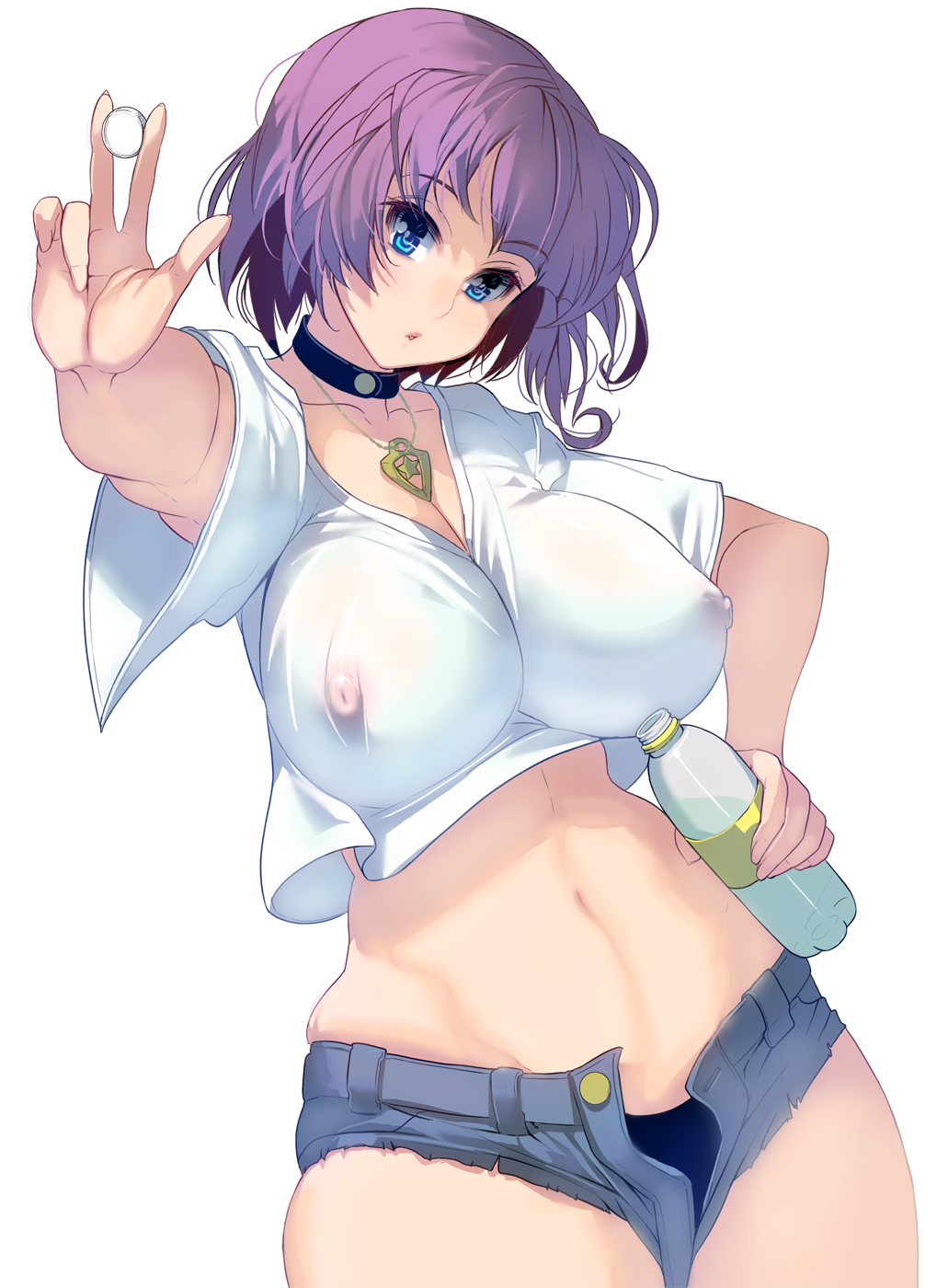 blue_eyes blue_panties bottle bottle_cap breasts collar commentary_request covered_nipples curvy denim denim_shorts highres jewelry large_breasts masao midriff navel necklace original panties purple_hair see-through short_hair short_shorts shorts simple_background skindentation solo thighs underwear white_background