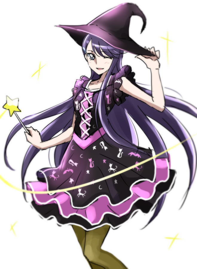 bangs black_dress blue_eyes collarbone dress floating_hair hat heartcatch_precure! holding holding_wand long_hair looking_at_viewer pantyhose precure purple_hair purple_hat shiny shiny_hair simple_background sleeveless sleeveless_dress solo standing swept_bangs tsukikage_oyama tsukikage_yuri very_long_hair wand white_background witch_hat yellow_legwear