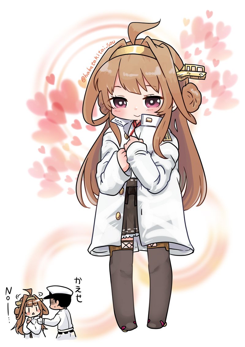 admiral_(kantai_collection) ahoge blush boots brown_hair chibi commentary_request double_bun full_body hat headgear heart kantai_collection kongou_(kantai_collection) long_hair long_sleeves lr_hijikata peaked_cap purple_eyes remodel_(kantai_collection) smile standing thigh_boots thighhighs triangle_mouth twitter_username |_|