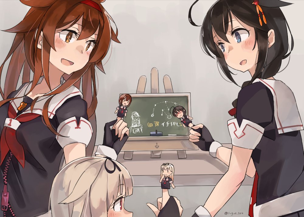 black_serafuku blonde_hair braid brown_eyes brown_hair character_doll commentary_request finger_puppet hair_flaps hair_over_shoulder hairband kantai_collection multiple_girls neckerchief puppet remodel_(kantai_collection) scarf school_uniform serafuku shigure_(kantai_collection) shiratsuyu_(kantai_collection) short_hair single_braid sugue_tettou translation_request whistle whistle_around_neck white_scarf yuudachi_(kantai_collection)
