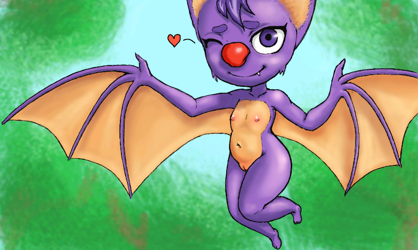 &lt;3 bat cheek_tuft female fur laylee looking_at_viewer mammal nsfy_(artist) nude one_eye_closed purple_eyes purple_fur red_nose smile solo thick_thighs tuft winged_arms wings wink yooka-laylee