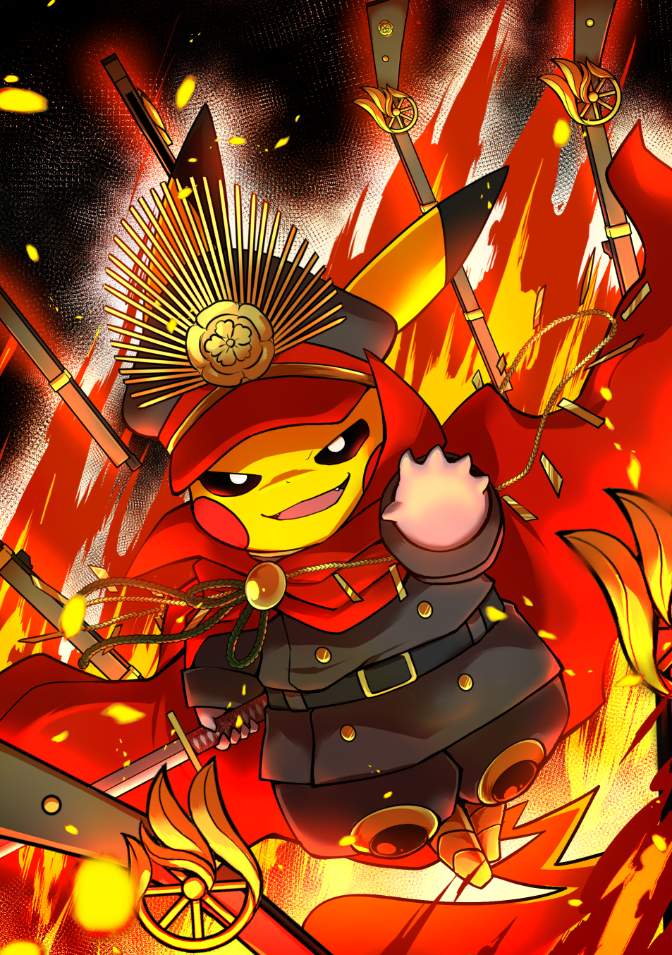 black_hat black_pants buttons cape cosplay family_crest fang fate/grand_order fate_(series) fire gen_1_pokemon gloves hat highres holding holding_sword holding_weapon katana koha-ace looking_at_viewer military military_hat military_uniform no_humans oda_nobunaga_(fate) oda_nobunaga_(fate)_(cosplay) oda_uri open_mouth pants peaked_cap pikachu pokachuu pokemon pokemon_(creature) red_cape smile solo sword uniform weapon