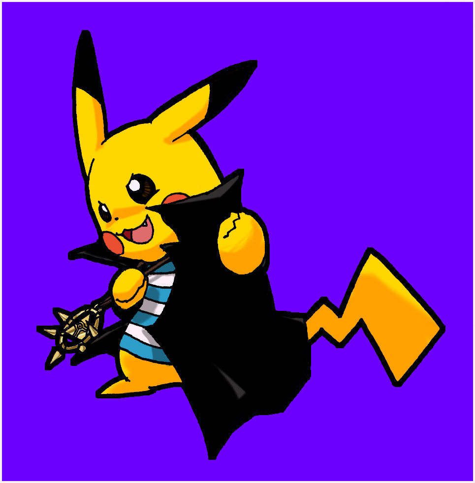 blue_background coat cosplay fang gen_1_pokemon jewelry millennium_ring necklace no_humans open_mouth pikachu pokachuu pokemon pokemon_(creature) shirt simple_background smile striped striped_shirt yami_bakura yami_bakura_(cosplay) yuu-gi-ou yuu-gi-ou_duel_monsters