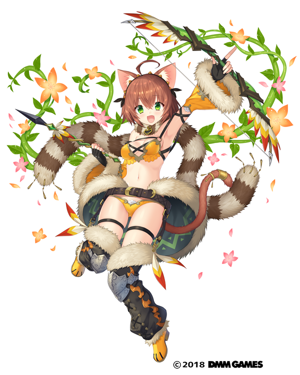 :d ahoge animal_ears arrow belt black_gloves bow_(weapon) bra brown_eyes cat_ears cat_tail clenched_hand company_name detached_sleeves fingerless_gloves full_body fur_trim gemini_seed gloves green_eyes knee_pads looking_at_viewer navel official_art open_mouth plant sakura_neko scarf short_hair smile solo tail thigh_strap thighhighs underwear vines weapon white_background wide_sleeves yellow_bra yellow_footwear