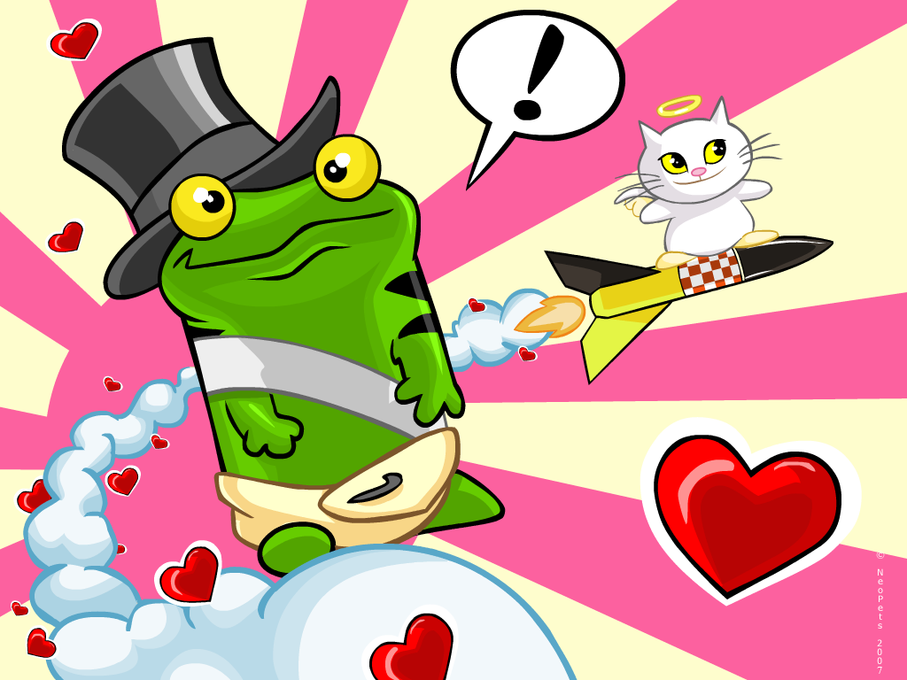 ! &lt;3 2007 3_fingers ambiguous_gender amphibian angel angelpuss anthro black_eyes cat diaper feline frog fur green_skin halo hat invalid_tag looking_at_viewer mammal neopets official_art petpet quiggle rocket semi-anthro simple_background smile top_hat unknown_artist what whiskers white_fur yellow_sclera