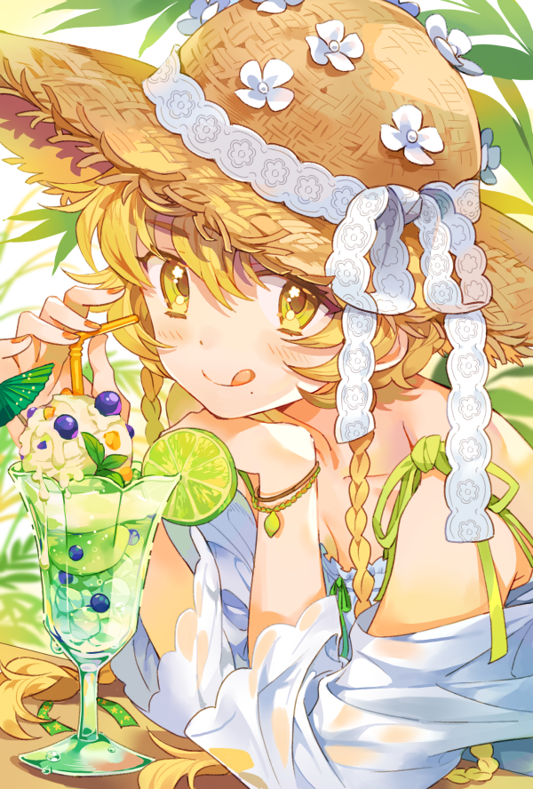 bare_shoulders blonde_hair blush bracelet braid cocktail_umbrella drinking_straw elbows_on_table glass hat hat_ribbon inzup jewelry licking_lips lime_slice nail_polish original red_nails ribbon straw_hat summer tongue tongue_out twin_braids yellow_eyes