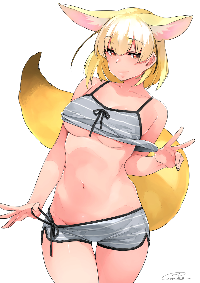 animal_ears bangs blonde_hair boyshorts breasts brown_eyes collarbone commentary cowboy_shot dated extra_ears eyebrows_visible_through_hair fennec_(kemono_friends) fox_ears fox_tail hair_between_eyes happa_(cloverppd) kemono_friends looking_at_viewer medium_breasts medium_hair midriff navel shorts signature simple_background smile smirk stomach striped tail teasing thigh_gap underboob v white_background