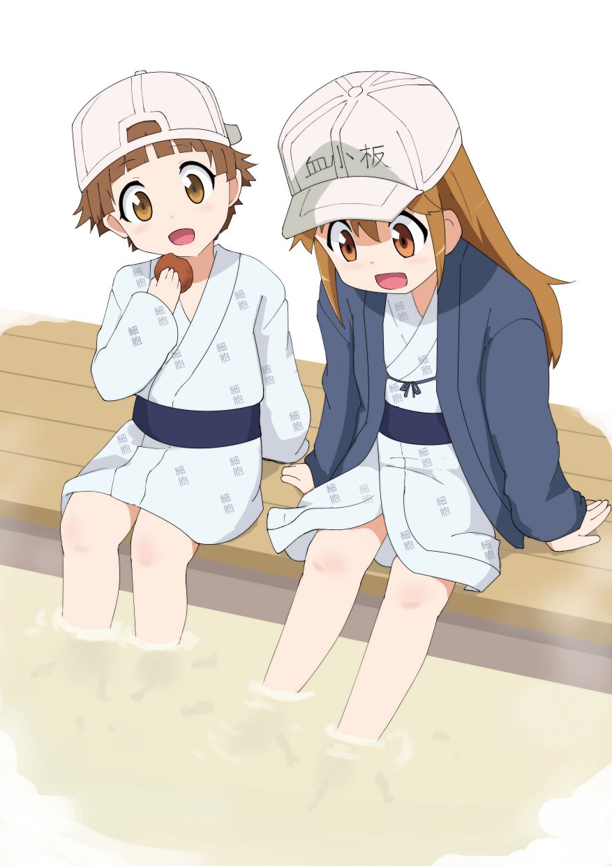 :d backwards_hat bath_yukata commentary_request gobanme_no_mayoi_neko hanten_(clothes) hat hataraku_saibou highres japanese_clothes kimono long_hair multiple_girls onsen open_mouth platelet_(hataraku_saibou) short_hair smile soaking_feet yukata