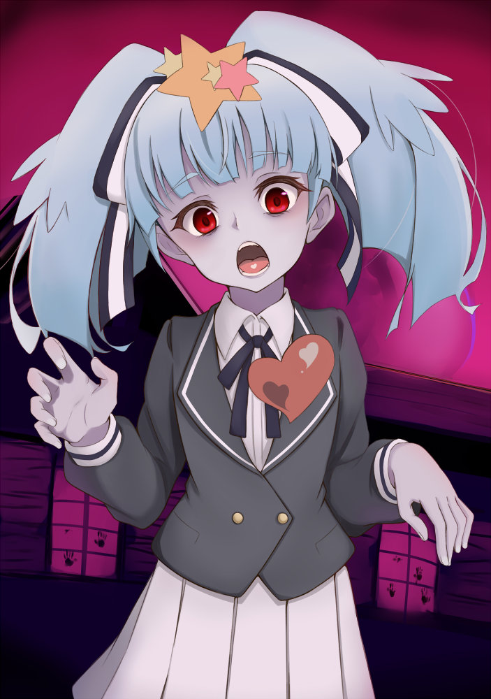 1girl blue_hair cowboy_shot grey_skirt hoshikawa_lily jacket open_mouth pleated pleated_skirt ponytail red_eyes ribbon skirt solo split_ponytail tagme zombieland_saga