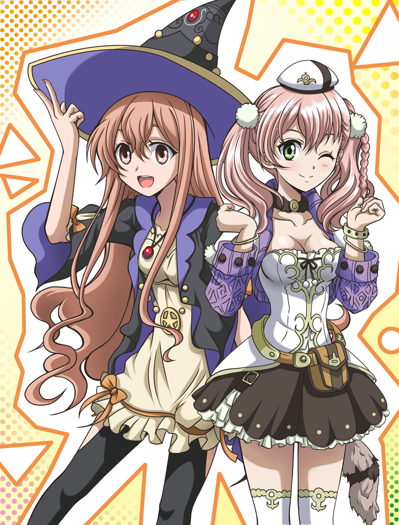 :d ;d atelier_(series) atelier_escha_&amp;_logy black_jacket black_legwear black_skirt blush breasts brown_eyes brown_hair choker cleavage collarbone dress escha_malier floating_hair green_eyes hair_between_eyes hair_ornament hanzou hat jacket jewelry layered_skirt long_hair looking_at_viewer medium_breasts miniskirt multiple_girls necklace one_eye_closed open_clothes open_jacket open_mouth pink_hair shiny shiny_hair short_dress skirt smile standing tail thighhighs twintails v very_long_hair white_dress white_hat white_legwear wilbell_voll=erslied witch_hat zettai_ryouiki