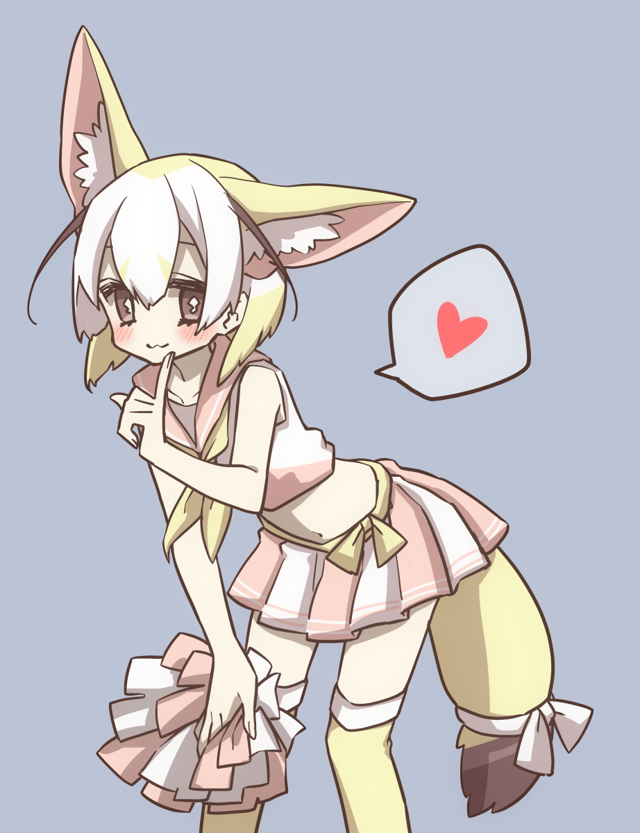:3 animal_ear_fluff animal_ears bare_arms blonde_hair blush brown_eyes extra_ears fennec_(kemono_friends) finger_to_mouth fox_ears fox_tail grey_background hair_between_eyes hand_on_own_knee heart highres kemono_friends leaning_forward looking_at_viewer midriff multicolored_hair petit_ramune pleated_skirt pom_poms ribbon sailor_collar short_hair simple_background skirt solo spoken_heart tail tail_ribbon thighhighs white_hair yellow_legwear zettai_ryouiki