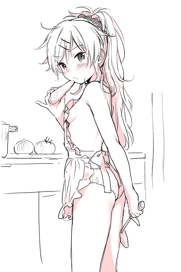 apron arm_behind_back ass bangs blush breasts chigusa_asuha food grey_background greyscale hair_ornament hairclip high_ponytail holding holding_food long_hair looking_at_viewer monochrome nearly_naked_apron panties qualidea_code sekiya_asami sideboob simple_background sketch small_breasts solo standing swept_bangs underwear very_long_hair white_background