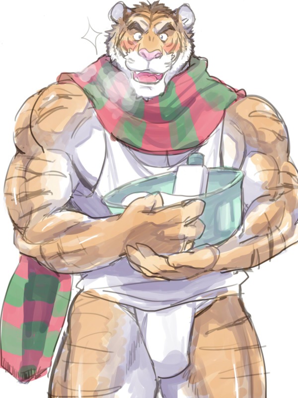 bath better_version_at_source chun clothing feline fundoshi japanese_clothing mammal muscular scarf shirt tank_top tiger underwear