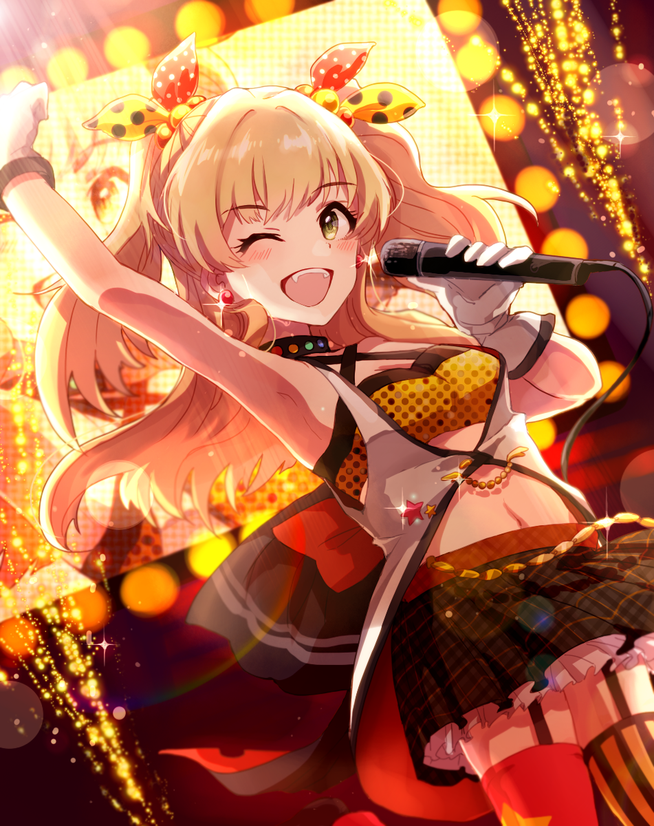 ;d anaroguya arm_up armpits asymmetrical_legwear black_skirt blonde_hair bow breasts cleavage dutch_angle earrings fang floating_hair garter_straps gloves hair_bow highres holding holding_microphone idol idolmaster idolmaster_cinderella_girls jewelry jougasaki_rika layered_skirt lens_flare long_hair microphone midriff miniskirt navel one_eye_closed open_mouth pleated_skirt polka_dot polka_dot_bow print_legwear red_bow red_legwear skirt small_breasts smile solo sparkle stage standing star star_print stomach striped striped_legwear thighhighs twintails vertical-striped_legwear vertical_stripes very_long_hair white_gloves white_polka_dots yellow_bow yellow_eyes zettai_ryouiki
