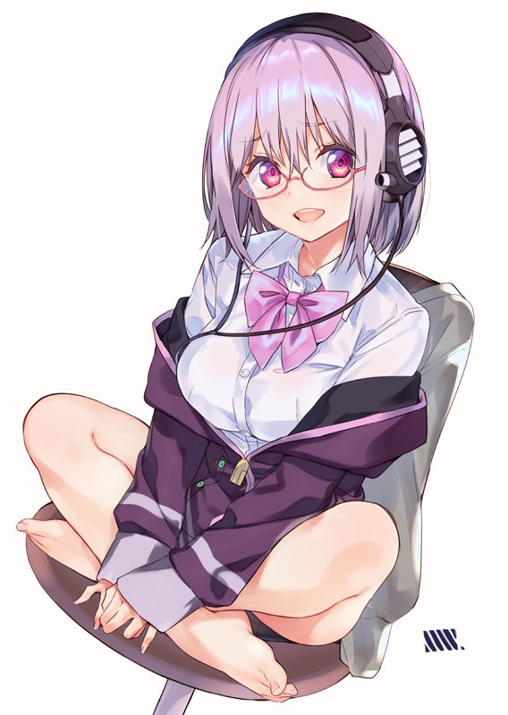 bangs banned_artist bow breasts chair collared_shirt commentary_request glasses headphones indian_style jacket large_breasts lavender_hair long_sleeves looking_at_viewer off_shoulder open_mouth pink_bow purple_jacket red_eyes school_uniform shinjou_akane shirt short_hair sitting ssss.gridman suisen white_shirt