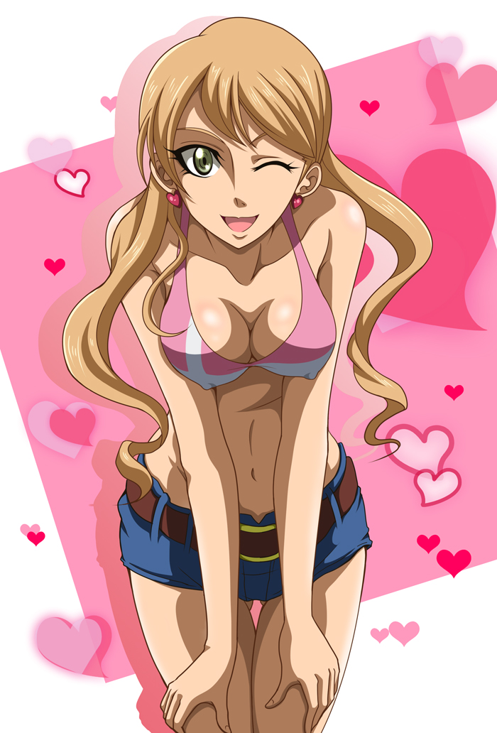 ;d ass_visible_through_thighs belt blue_shorts bra breasts cleavage collarbone covered_nipples cowboy_shot earrings floating_hair green_eyes groin gundam gundam_tekketsu_no_orphans hands_on_lap hanzou heart heart_earrings jewelry lafter_frankland leaning_forward light_brown_hair long_hair looking_at_viewer medium_breasts midriff navel one_eye_closed open_mouth pink_bra shiny shiny_skin short_shorts shorts smile solo standing stomach thigh_gap twintails underwear