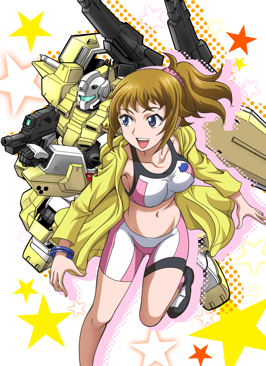 :d bike_shorts blue_eyes bracelet breasts brown_hair collarbone covered_nipples floating_hair groin gundam gundam_build_fighters gundam_build_fighters_try hair_ornament hair_scrunchie hanzou hoshino_fumina jacket jewelry leaning_forward leg_up long_hair looking_to_the_side mecha midriff navel open_clothes open_jacket open_mouth pink_legwear pink_scrunchie ponytail powered_gm_cardigan running scrunchie sideboob smile socks solo stomach tank_top yellow_jacket