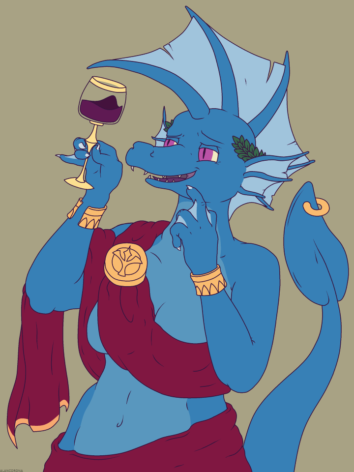 alancorona alcohol anthro aquatic_dragon beverage bracelet breasts brown_background claws dragon female flat_colors frill furgonomics furry-specific_piercing jewelry lakebound laurel_wreath medal open_mouth piercing purple_eyes sash sharp_teeth simple_background slit_pupils smile solo tail_piercing teeth tongue webbed_hands webbing wide_hips wine wine_glass